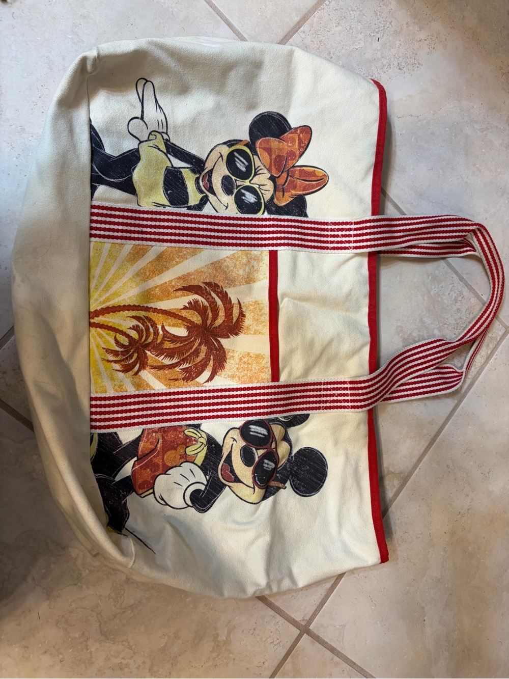 Disney Cream Canvas Tote with Red Striped Handles and Black Print